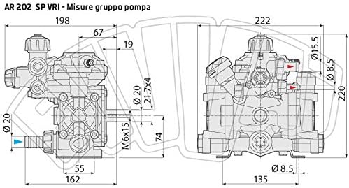 Diagramma tecnico della pompa AR 202 SP VRI con misure dettagliate: larghezza 198 mm, altezza 220 mm, profondità 162 mm e altre specifiche dimensionali. Ideale per applicazioni industriali e agricole.