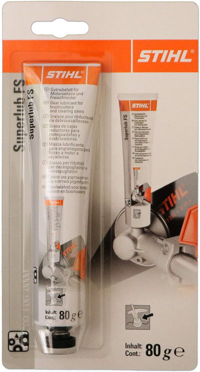 Confezione di lubrificante per ingranaggi STIHL Superlub FS da 80 grammi, ideale per motoseghe, decespugliatori e attrezzi da giardinaggio. Lubrificante di alta qualità per protezione e manutenzione degli ingranaggi.