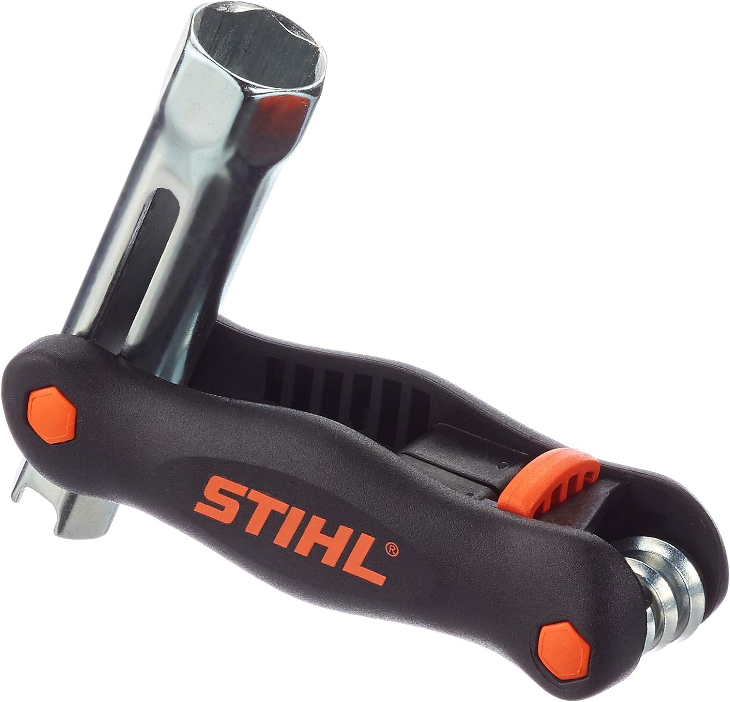 Chiave combinata Stihl per motoseghe, utensile multifunzione con manico ergonomico, colore nero e arancione, ideale per manutenzione e riparazione di motoseghe e attrezzature da giardinaggio, alta qualità e durata.