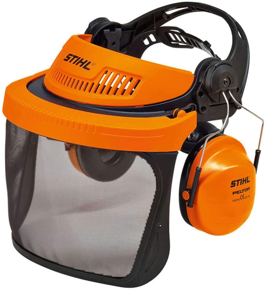 Visiera protettiva STIHL con cuffie antirumore, modello Peltor, arancione, ideale per lavori di giardinaggio e forestali. Protezione viso e orecchie, design ergonomico e regolabile. Accessorio di sicurezza indispensabile per operatori professionali.