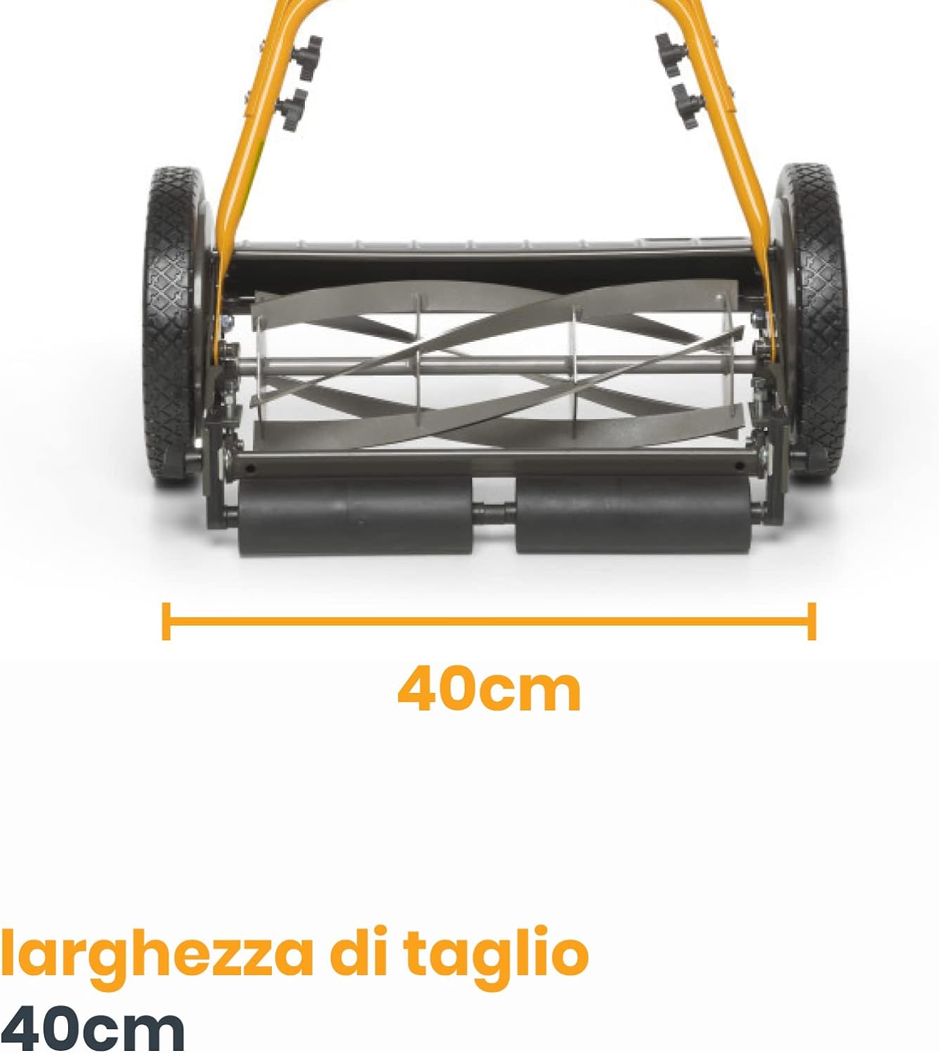 Rasaerba manuale con larghezza di taglio di 40 cm, ideale per piccoli giardini. Dotato di lame rotanti e ruote robuste per un taglio preciso e uniforme. Perfetto per chi cerca una soluzione ecologica e senza motore per la manutenzione del prato.