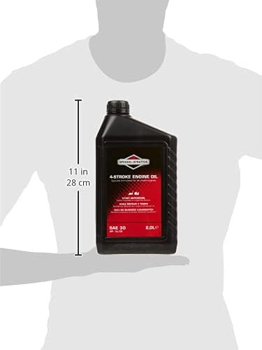 Bottiglia di olio motore a 4 tempi Briggs & Stratton SAE 30, capacità 0,6 litri, con etichetta rossa e nera, mostrata con dimensioni di 28 cm di altezza, tenuta da una sagoma umana grigia. Adatto per motori a benzina.