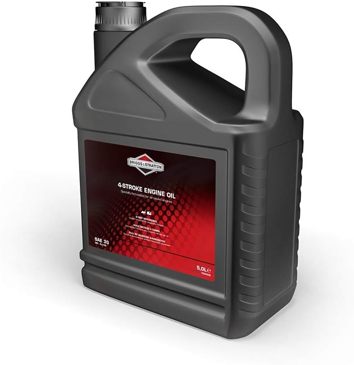 Tanica di olio motore a 4 tempi Briggs & Stratton SAE 30, 5 litri. Prodotto specificamente formulato per motori raffreddati ad aria, garantisce una lunga durata del motore e prestazioni ottimali. Ideale per tosaerba e attrezzature da giardino.