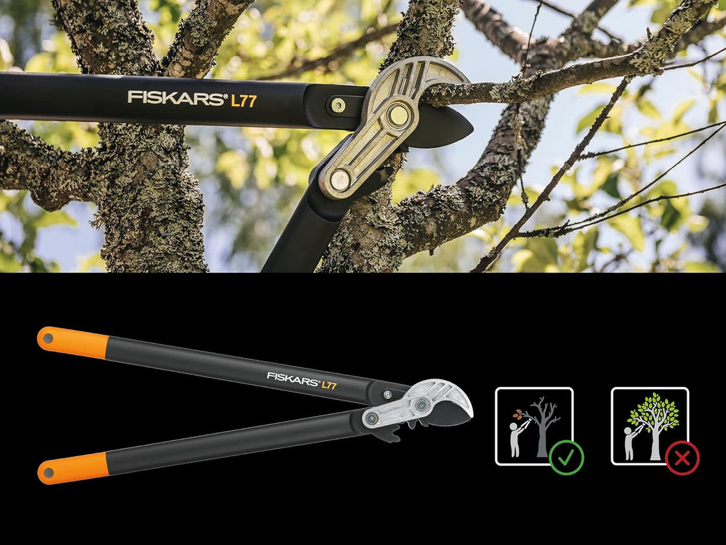 Forbici da potatura Fiskars L77, ideali per tagliare rami di alberi di medie dimensioni. Design ergonomico con manici neri e arancioni per una presa sicura. Lame affilate per tagli precisi. Perfette per il giardinaggio e la manutenzione degli alberi.