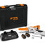 Set completo del potatore a batteria STIHL GTA 40 con valigetta, batterie e caricabatterie.