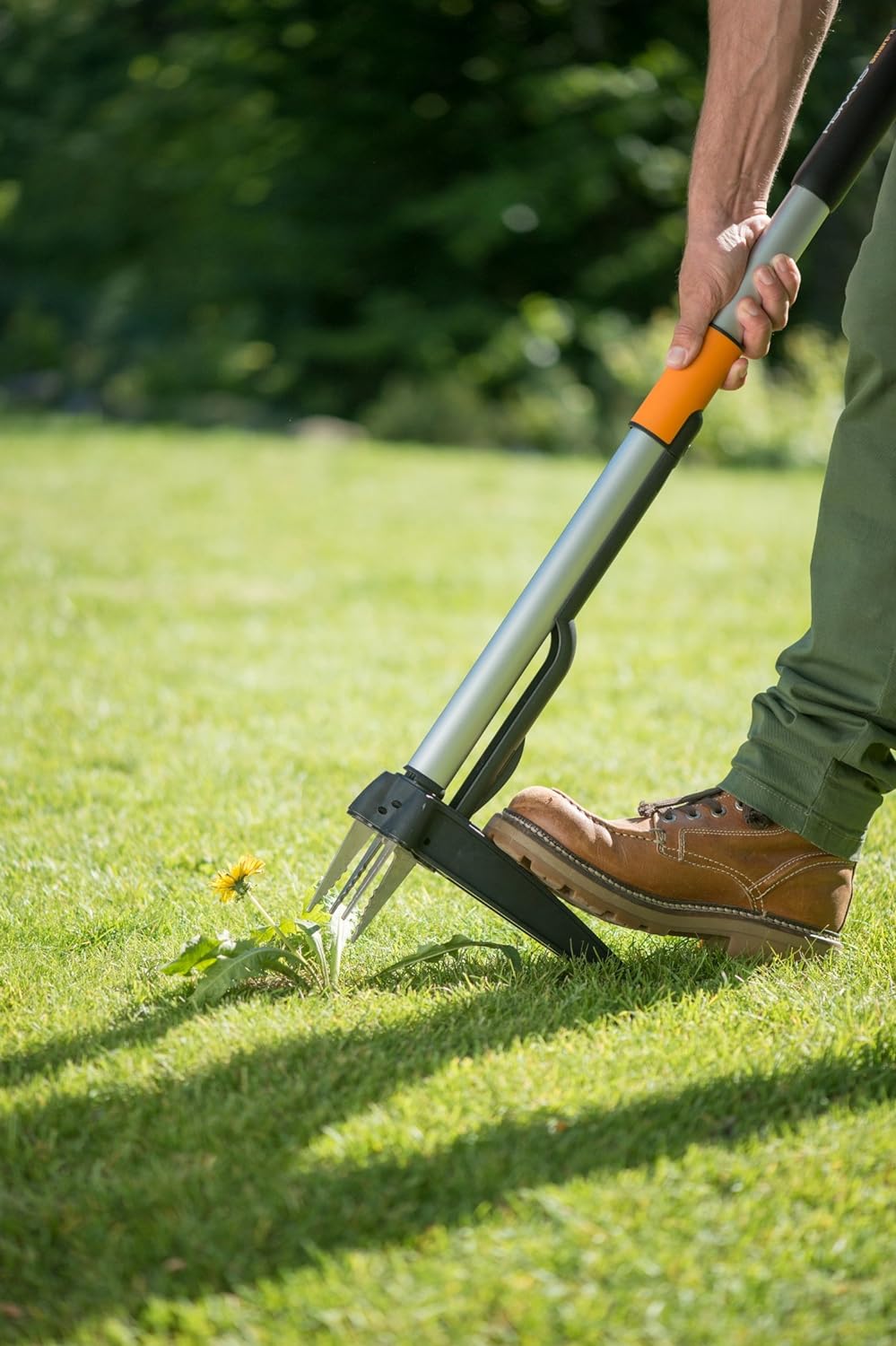 Uomo utilizza un estirpatore di erbacce con manico lungo su un prato verde. Strumento da giardinaggio ergonomico con impugnatura arancione e scarpe robuste. Ideale per rimuovere erbacce senza piegarsi, mantenendo il prato curato e sano.