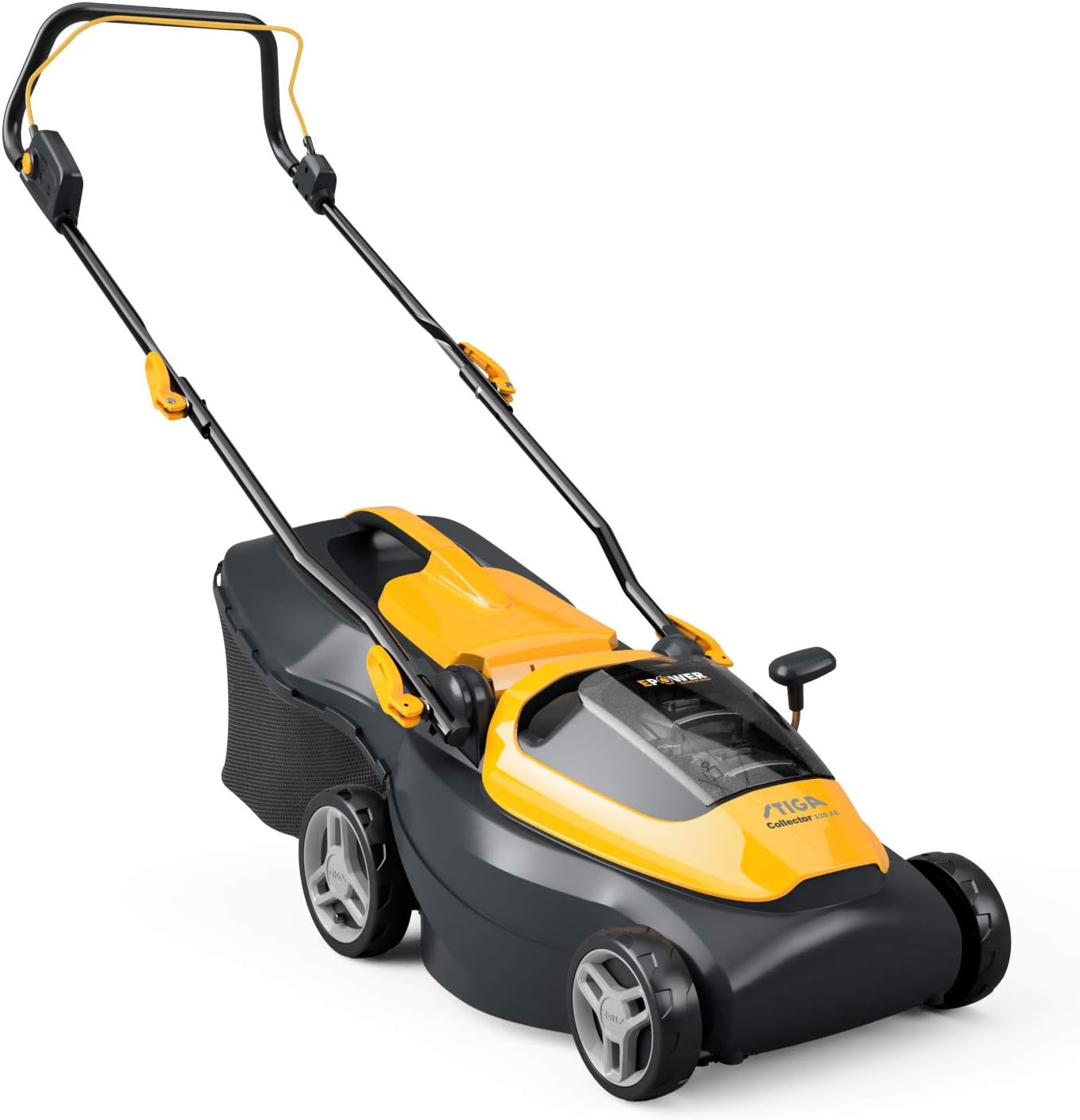 Rasaerba elettrico Stiga Collector 136 AE, tagliaerba a batteria, leggero e maneggevole, con sacco di raccolta, ideale per giardini di piccole e medie dimensioni, colore giallo e nero, design ergonomico e moderno.