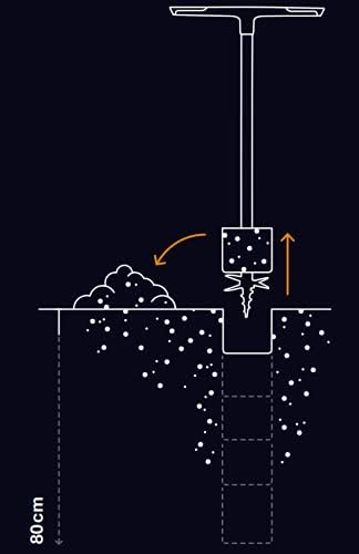 Illustrazione di un trapano manuale per terreni, con manico a T, utilizzato per scavare buche fino a 80 cm di profondità. Ideale per giardinaggio, piantare alberi, installare recinzioni. Design ergonomico per ridurre lo sforzo durante l'uso.