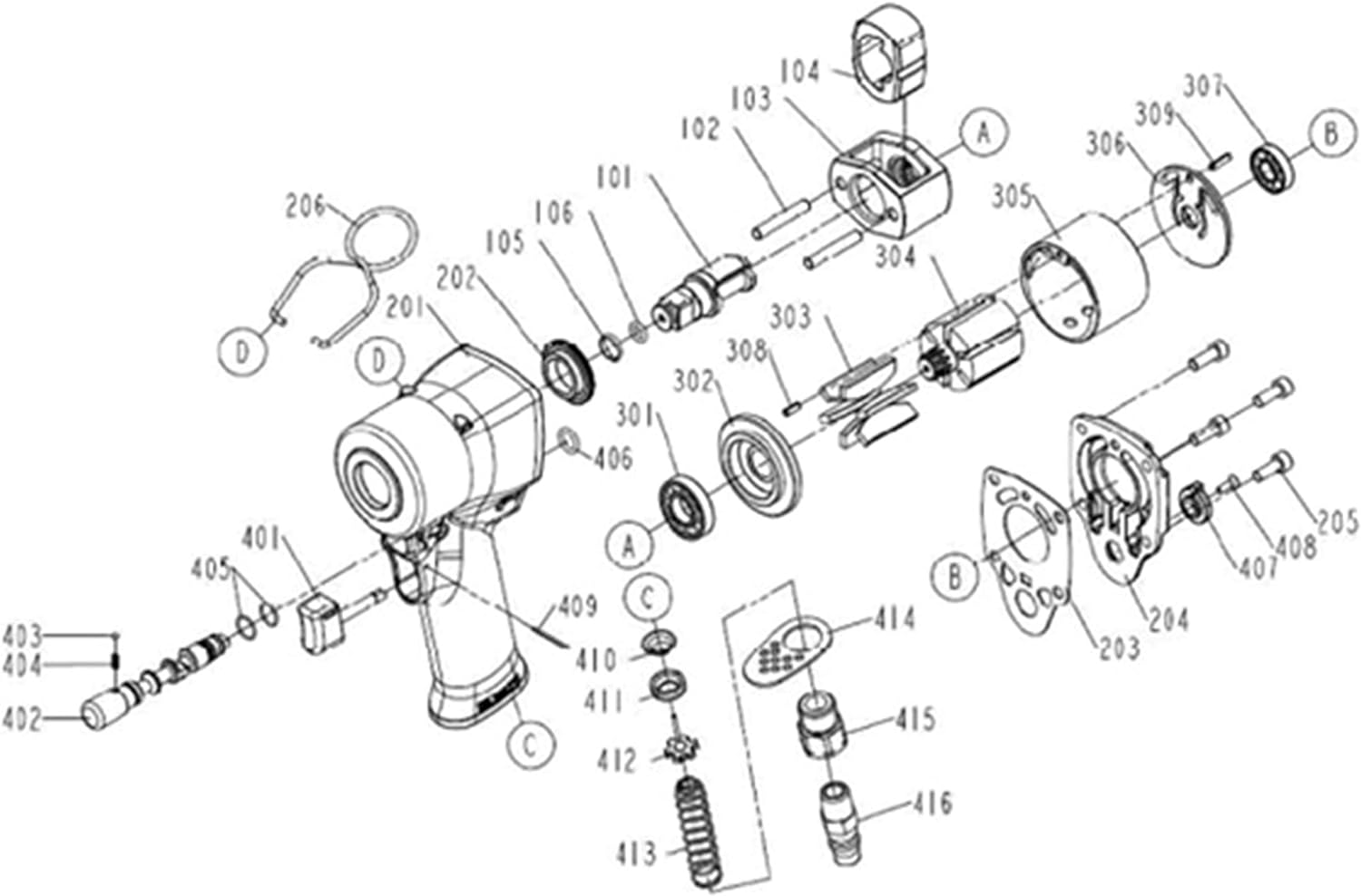 Esploso di un avvitatore pneumatico con componenti numerati. Mostra dettagli di parti come motore, alloggiamenti, viti, guarnizioni e ingranaggi. Ideale per la manutenzione e riparazione di utensili pneumatici. Schema tecnico per assemblaggio e sostituzione pezzi.