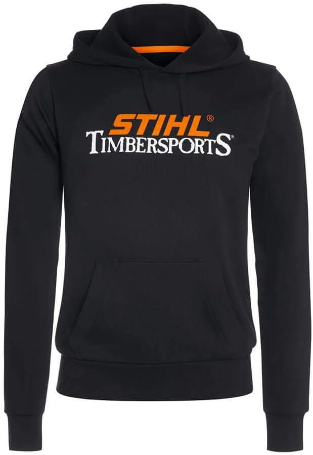 Felpa nera con cappuccio e tasca frontale, logo "STIHL TIMBERSPORTS" stampato sul petto in arancione e bianco. Abbigliamento casual per appassionati di sport forestali, ideale per attività all'aperto e tempo libero. Disponibile in varie taglie.