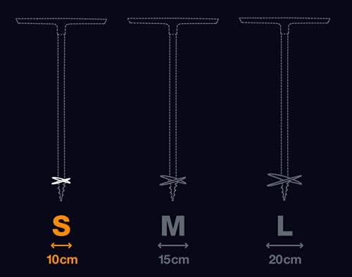 Immagine che mostra tre misure di supporti a T per biciclette: S (10 cm), M (15 cm) e L (20 cm). Le dimensioni sono indicate con frecce e testo. Ideale per scegliere il supporto giusto in base alle dimensioni della bicicletta.