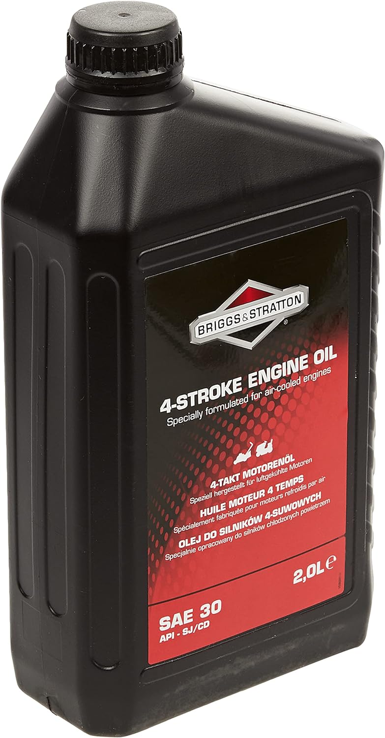 Tanica di olio motore Briggs & Stratton per motori a 4 tempi, specificamente formulato per motori raffreddati ad aria, 2 litri, SAE 30, API SJ/CD. Etichetta rossa e nera con logo del marchio e dettagli tecnici.