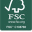 Certificazione FSC C108780, logo verde con albero stilizzato e testo "The mark of responsible forestry", promuove gestione forestale responsabile. Visita www.fsc.org per maggiori informazioni.