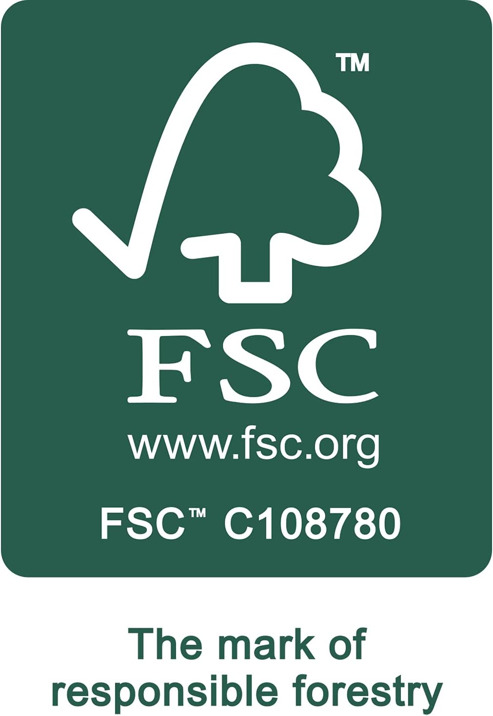 Certificazione FSC C108780, logo verde con albero stilizzato e testo "The mark of responsible forestry", promuove gestione forestale responsabile. Visita www.fsc.org per maggiori informazioni.