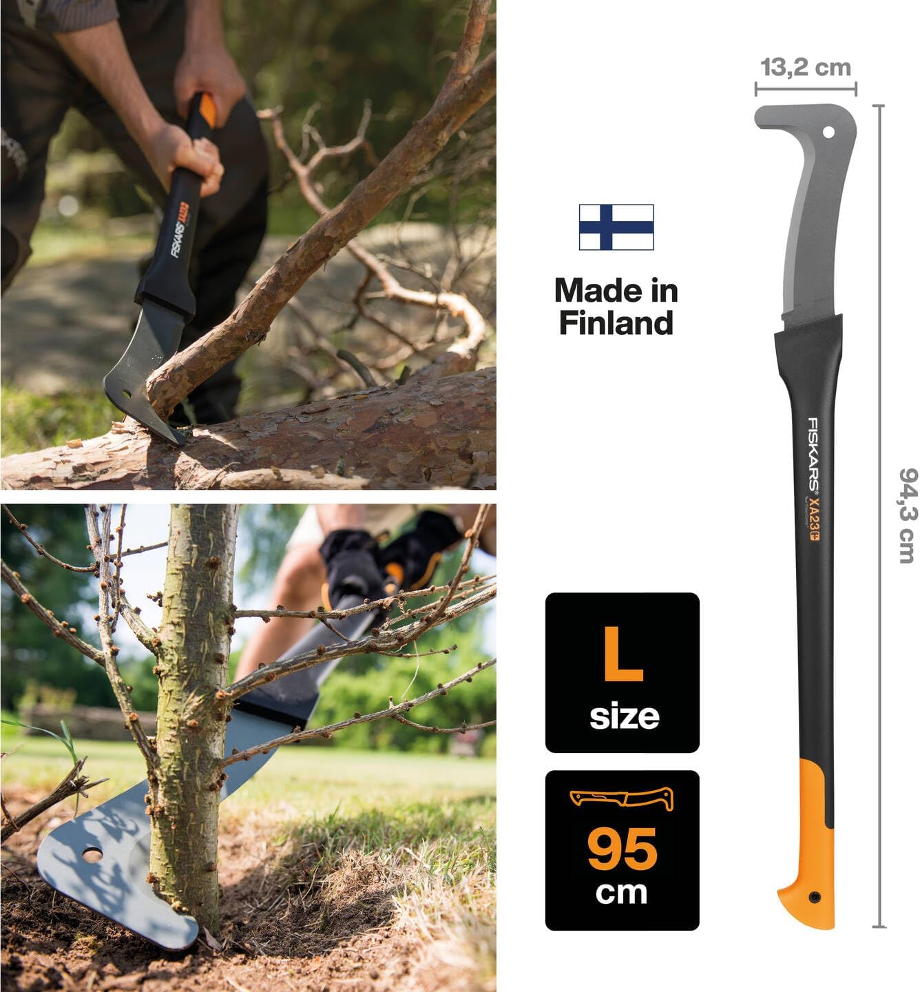 Ascia Fiskars XA23 per taglio rami e cespugli, 95 cm, misura L, made in Finland. Lama affilata per taglio efficiente, impugnatura ergonomica. Ideale per giardinaggio e lavori forestali. Dimensioni: 94,3 cm x 13,2 cm.