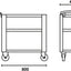 Disegno tecnico di un carrello con ruote, dimensioni 900x800x450 mm, dotato di maniglia e due ripiani. Perfetto per uso industriale o domestico, ottimo per trasporto e organizzazione di materiali. Design robusto e funzionale.