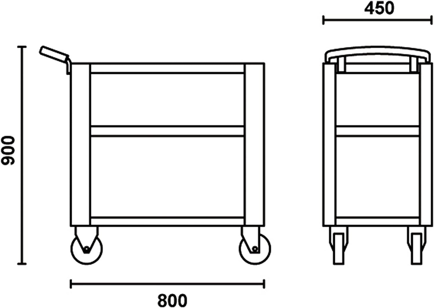 Disegno tecnico di un carrello con ruote, dimensioni 900x800x450 mm, dotato di maniglia e due ripiani. Perfetto per uso industriale o domestico, ottimo per trasporto e organizzazione di materiali. Design robusto e funzionale.