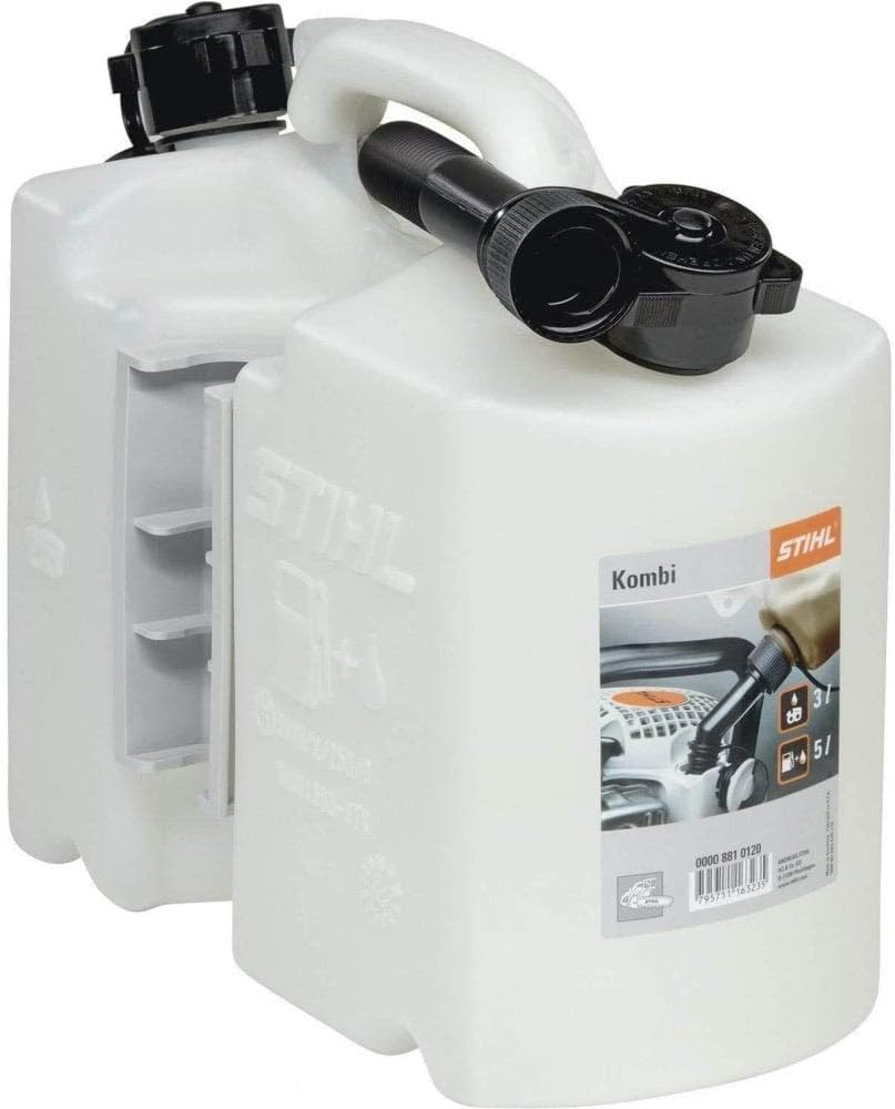 Tanica doppia STIHL Kombi da 5 litri per carburante e 3 litri per olio, con beccuccio di erogazione nero. Ideale per attrezzature da giardinaggio e motoseghe, design compatto e robusto, perfetta per il trasporto e lo stoccaggio di liquidi.