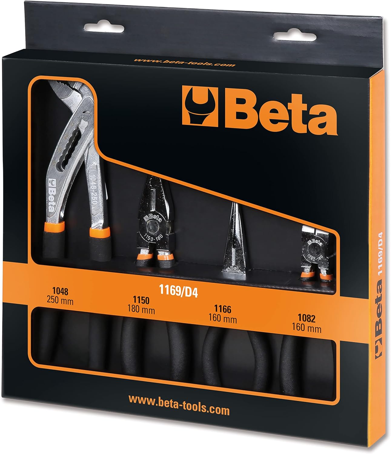 Set di pinze Beta Tools 1169/D4, include pinza regolabile 1048 (250 mm), pinza universale 1150 (180 mm), pinza a becco 1166 (160 mm), tronchese 1082 (160 mm), confezione nera e arancione, www.beta-tools.com.