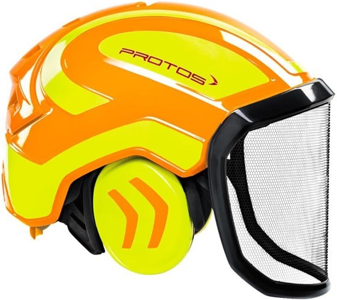 Casco di sicurezza Protos Integral, arancione e giallo, con protezione auricolare integrata e visiera a rete. Ideale per lavori forestali e di giardinaggio. Design ergonomico e resistente per massima protezione e comfort.