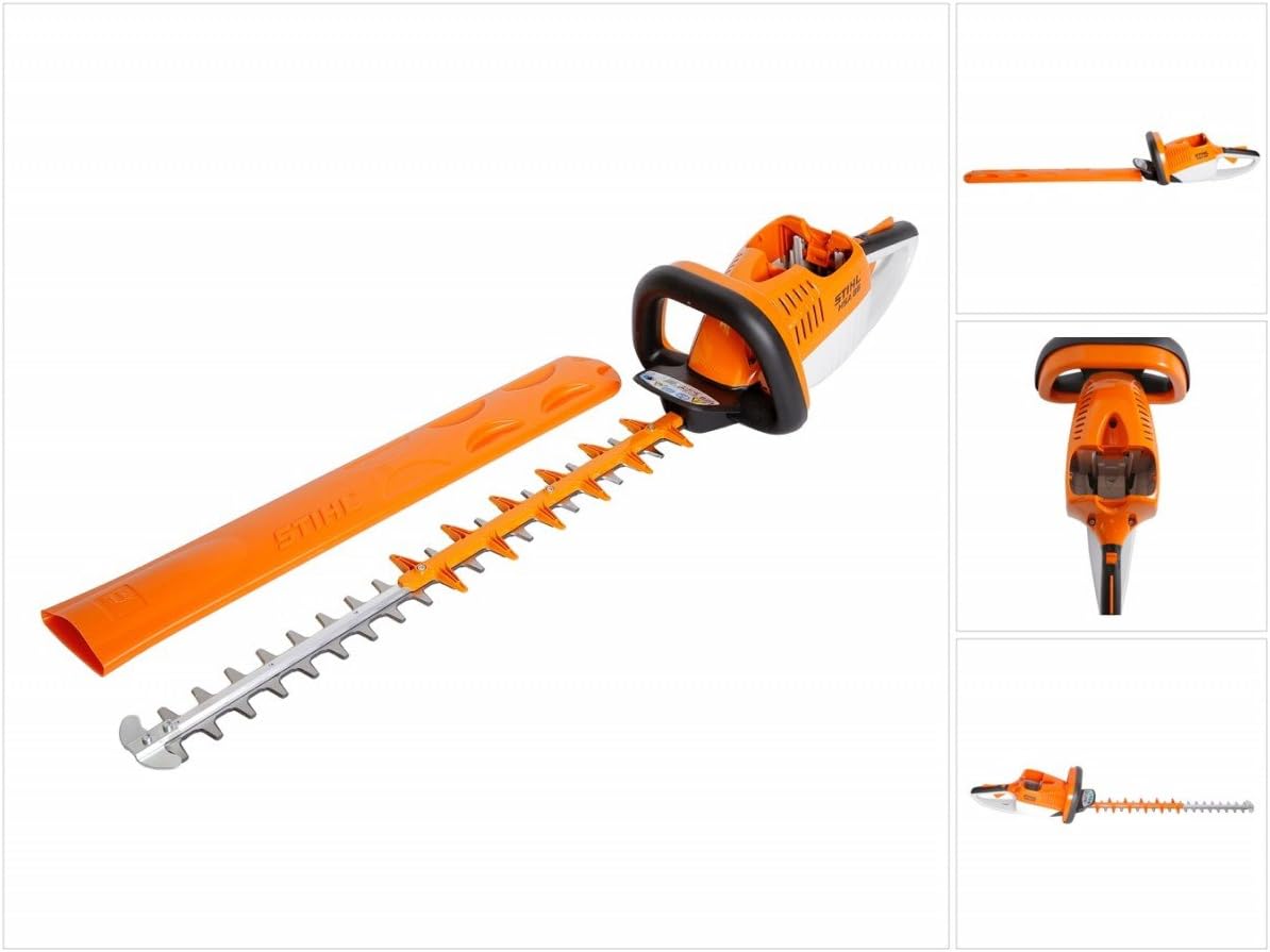 Tagliasiepi elettrico Stihl HSE 52, leggero e maneggevole, con lama da 50 cm e protezione in plastica arancione. Ideale per la cura del giardino e la potatura delle siepi. Potente motore da 460W per tagli precisi e veloci. Design ergonomico per un uso confortevole.