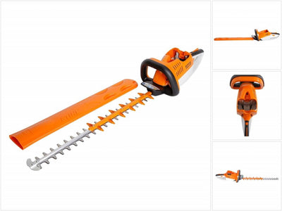 Tagliasiepi elettrico Stihl HSE 52, leggero e maneggevole, con lama da 50 cm e protezione in plastica arancione. Ideale per la cura del giardino e la potatura delle siepi. Potente motore da 460W per tagli precisi e veloci. Design ergonomico per un uso confortevole.