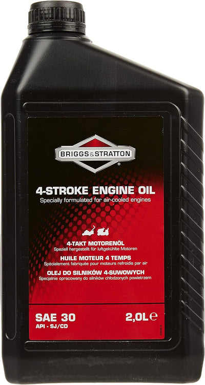 Tanica di olio motore per motori a 4 tempi Briggs & Stratton, formulato per motori raffreddati ad aria, SAE 30, API SJ/CD, capacità 2 litri. Ideale per tosaerba e attrezzature da giardino, confezione nera con etichetta rossa.