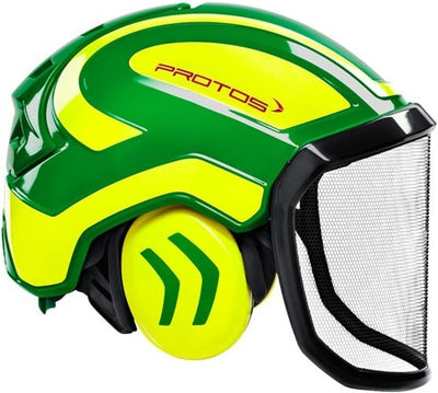 Casco di sicurezza Protos Integral Forest in verde e giallo con protezione visiera e paraorecchie integrati. Ideale per lavori forestali, garantisce massima protezione e comfort. Design ergonomico e resistente, adatto per uso professionale.