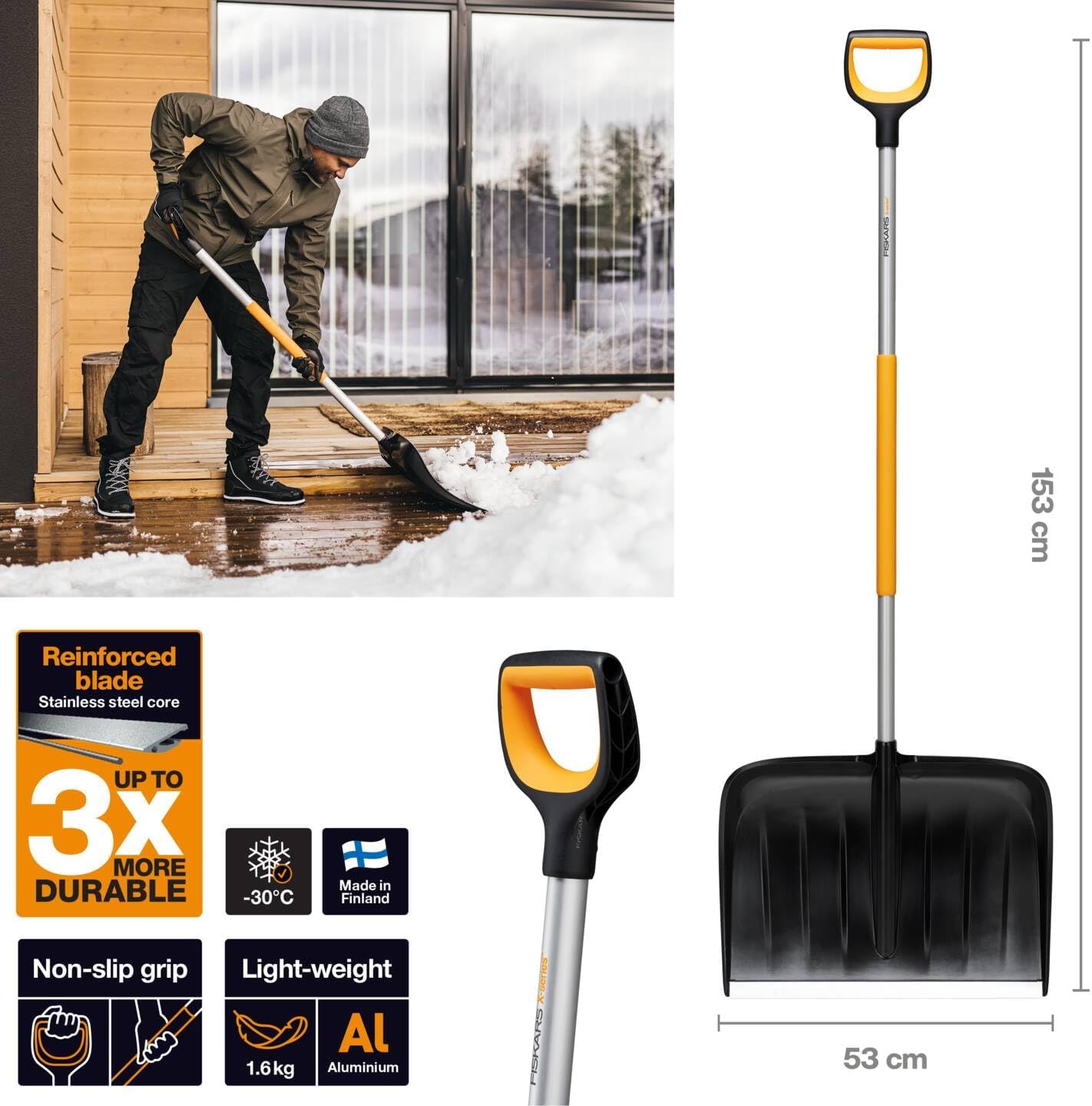 Pala da neve con lama rinforzata in acciaio inox, manico in alluminio leggero da 153 cm, impugnatura antiscivolo, resistente fino a -30°C, peso 1.6 kg, made in Finland, durevole fino a 3 volte di più, larghezza pala 53 cm.