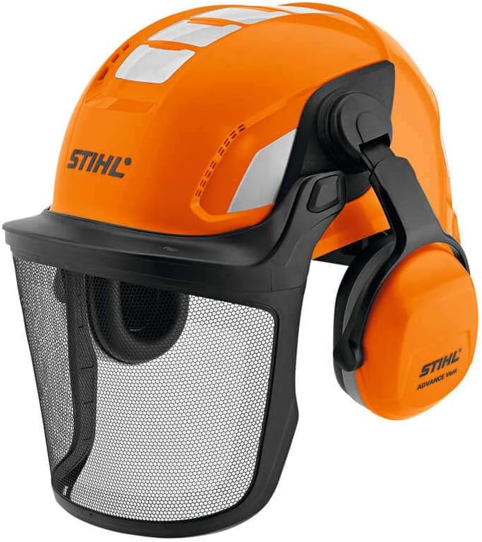 Casco di sicurezza arancione STIHL con visiera a rete e cuffie antirumore integrate, modello ADVANCE X-Vent, per protezione durante lavori forestali e di giardinaggio, certificato EN 397.