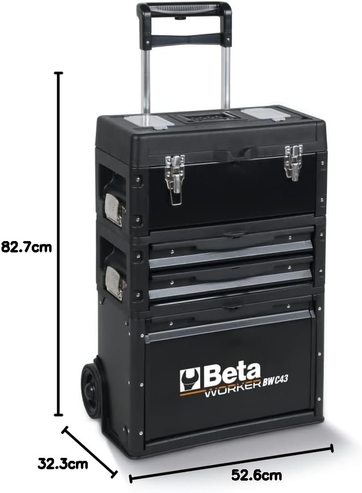 Beta Worker BWC43 trolley porta attrezzi, dimensioni 82.7x52.6x32.3 cm, valigetta in plastica nera con ruote, manico telescopico, 3 cassetti, chiusura a clip, ideale per organizzare utensili, attrezzatura da lavoro, officina.