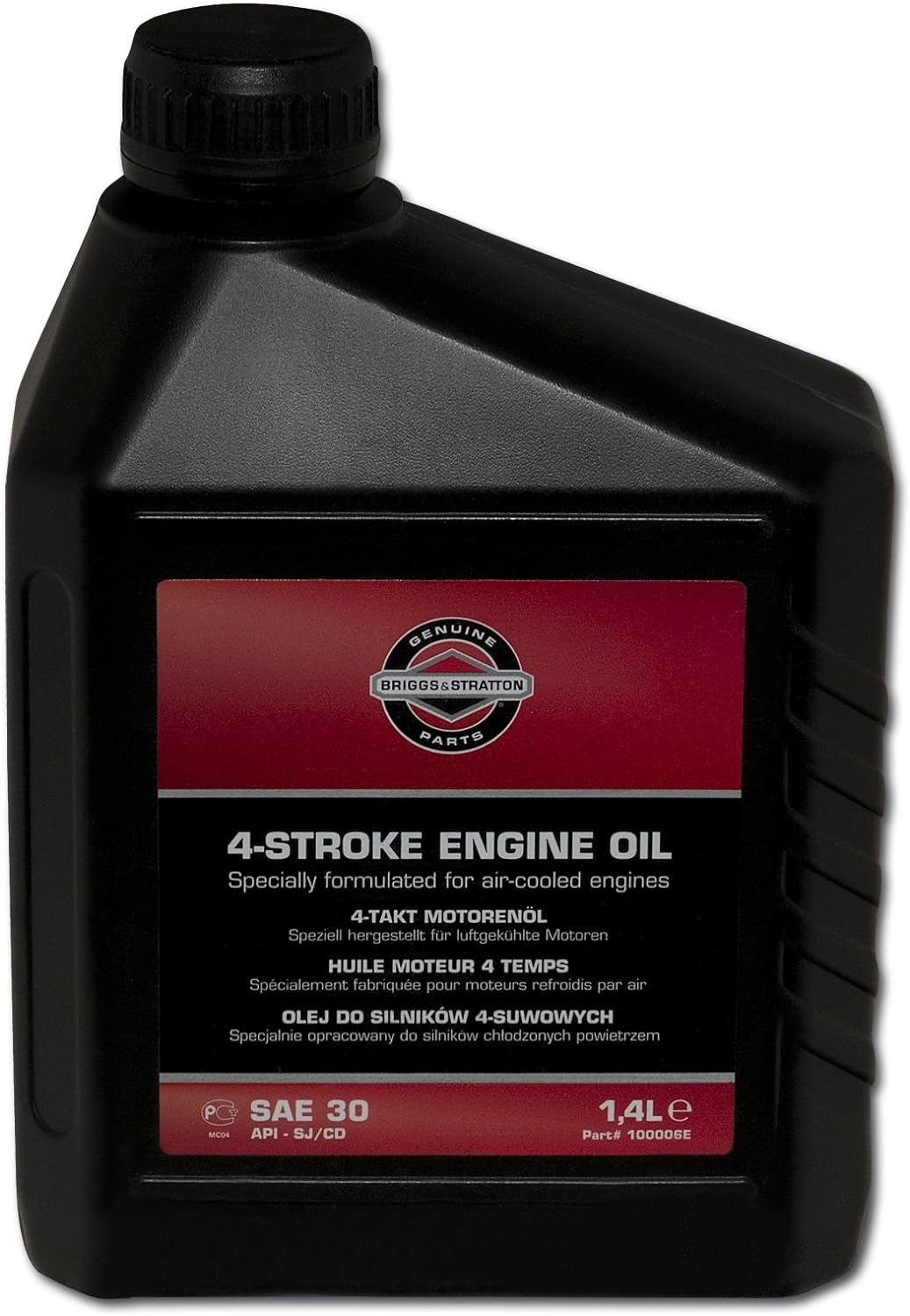 Olio motore a 4 tempi Briggs & Stratton, formulato per motori raffreddati ad aria, confezione da 1,4 litri. SAE 30, API SJ/CD. Ideale per motori a 4 tempi di tosaerba e attrezzature da giardino. Codice prodotto: 100006E.