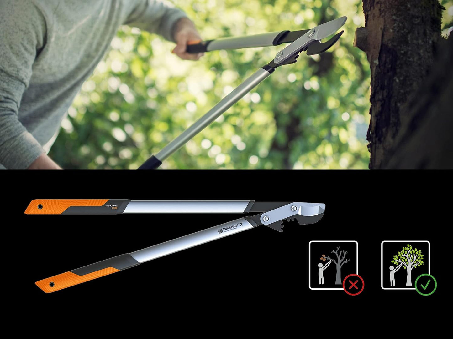 Forbici per potatura telescopiche Fiskars PowerGear X, ideali per tagliare rami alti e spessi. Manico ergonomico arancione e nero, lame in acciaio di alta qualità. Perfette per giardinaggio e manutenzione alberi. Immagine dimostrativa inclusa.