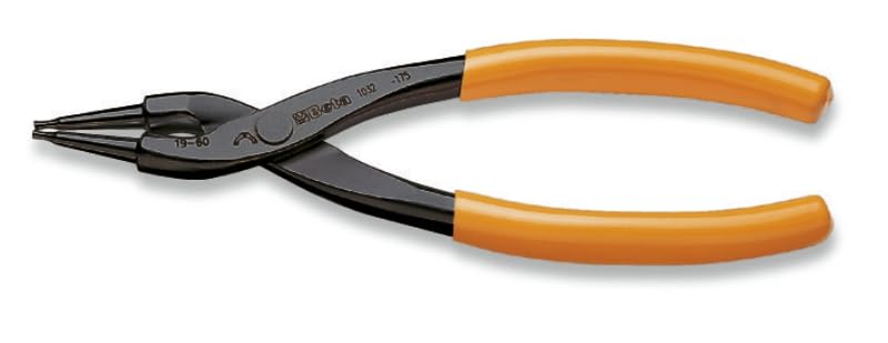 Pinza per anelli Seeger interna a becchi dritti Beta 1032 175 mm, manici rivestiti in plastica arancione per una presa sicura. Strumento di precisione per meccanici e hobbisti. Alta qualità, ideale per lavori di manutenzione e riparazione.