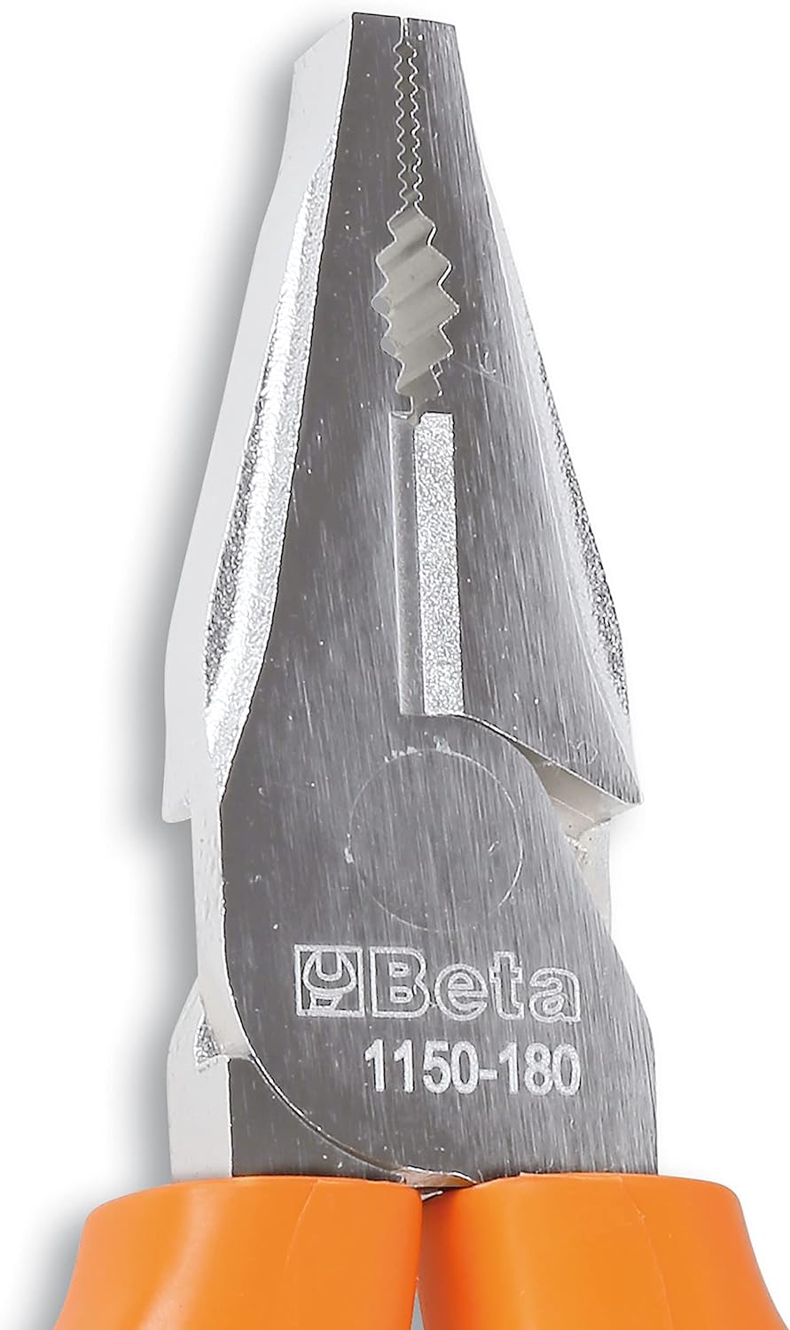 Pinza Beta 1150-180 con impugnatura arancione e ganasce in acciaio inox. Ideale per lavori di precisione, offre una presa sicura e duratura. Attrezzo di alta qualità per professionisti e appassionati di fai-da-te.