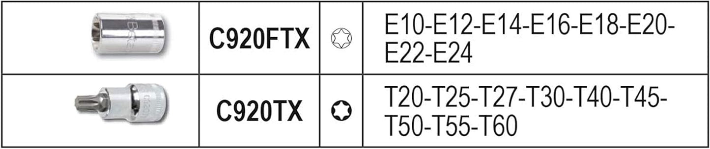 Immagine di due tipi di bussole Torx BGS Technic: C920FTX con misure E10, E12, E14, E16, E18, E20, E22, E24 e C920TX con misure T20, T25, T27, T30, T40, T45, T50, T55, T60. Strumenti professionali per viti Torx.