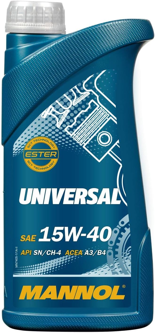 Olio motore Mannol Universal 15W-40, API SN/CH-4, ACEA A3/B4, tecnologia Ester, lubrificante per motori diesel e benzina, confezione da 1 litro, adatto per veicoli leggeri e pesanti, prestazioni elevate, protezione avanzata del motore.