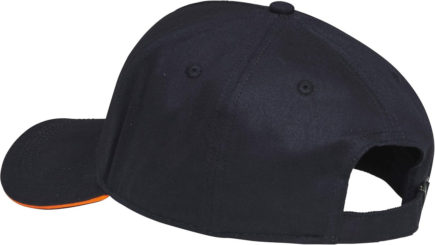 Cappello da baseball nero con visiera curva, retro regolabile e dettagli arancioni. Realizzato in tessuto resistente, ideale per sport, tempo libero e attività all'aperto. Accessorio moda unisex, versatile e comodo per ogni stagione.