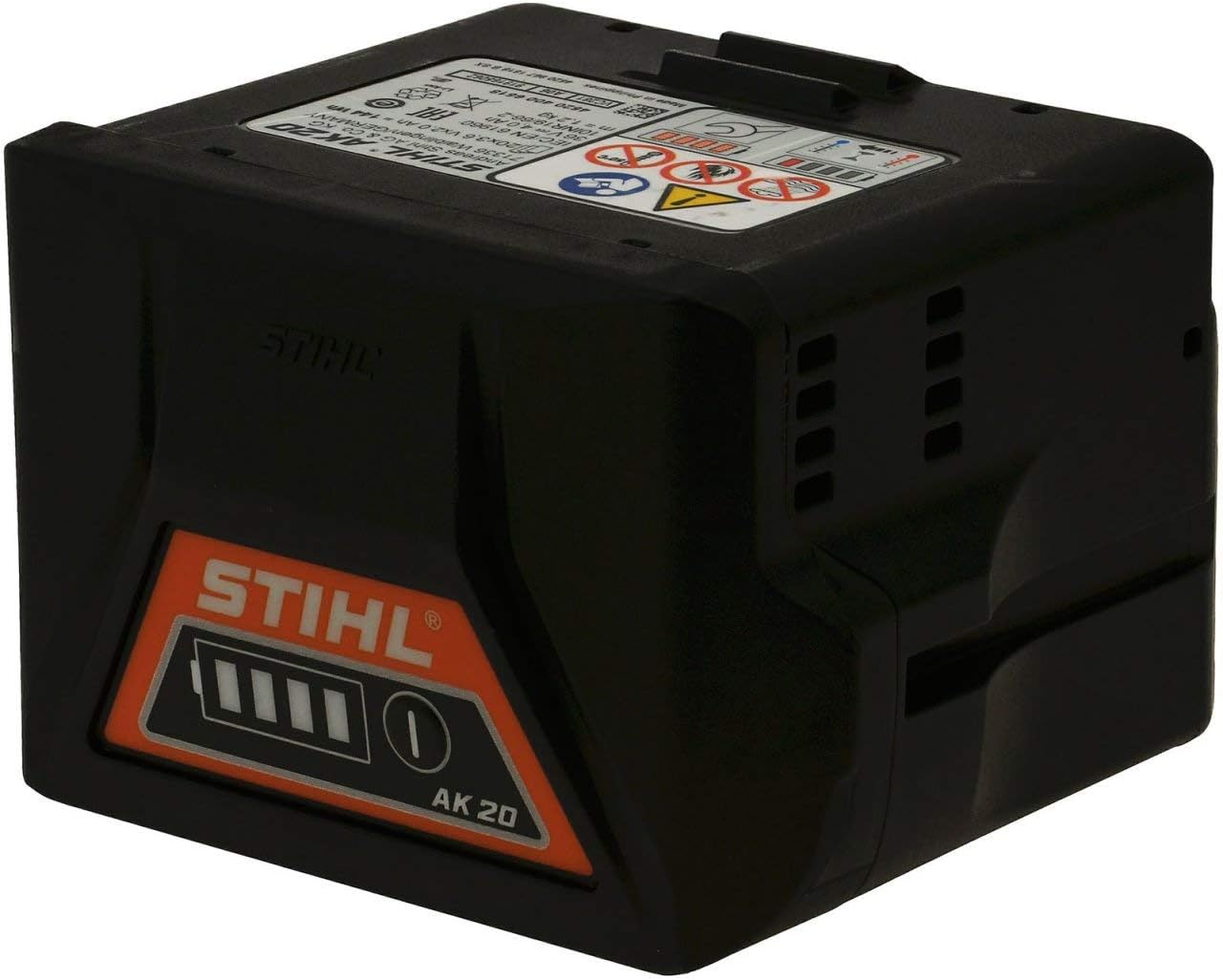 Batteria Stihl AK 20 agli ioni di litio per attrezzature da giardino, con indicatore di carica a LED e capacità di 144 Wh. Compatibile con vari strumenti Stihl, ideale per uso domestico e professionale. Colore nero con dettagli arancioni.