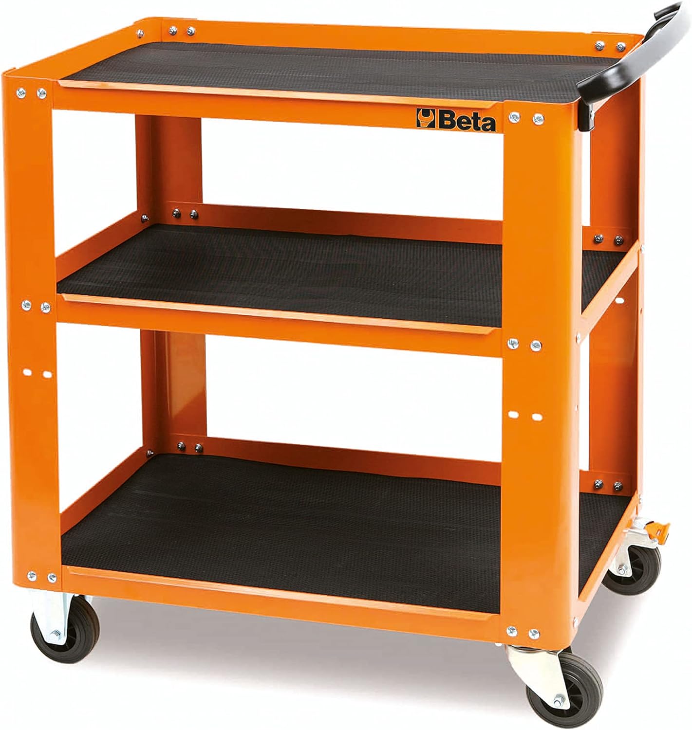 Carrello portautensili Beta a tre ripiani in metallo arancione con ruote girevoli, ideale per officine e garage. Struttura robusta e resistente, dotata di maniglia ergonomica per un facile trasporto. Perfetto per organizzare attrezzi e materiali.