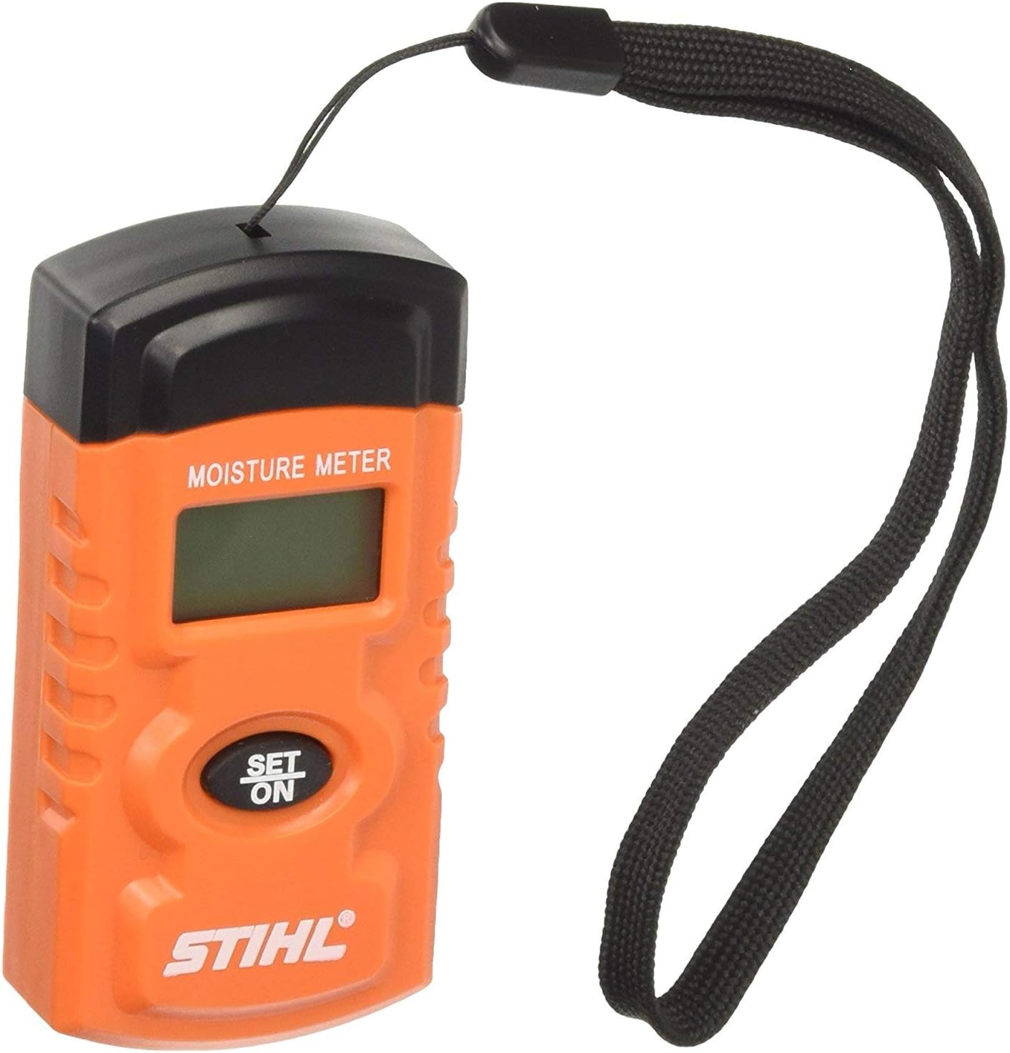 Misuratore di umidità Stihl portatile arancione con display digitale e pulsante "Set On". Dotato di cinturino nero per il trasporto. Ideale per misurare l'umidità di legno, materiali edili e ambienti. Compatto e facile da usare.