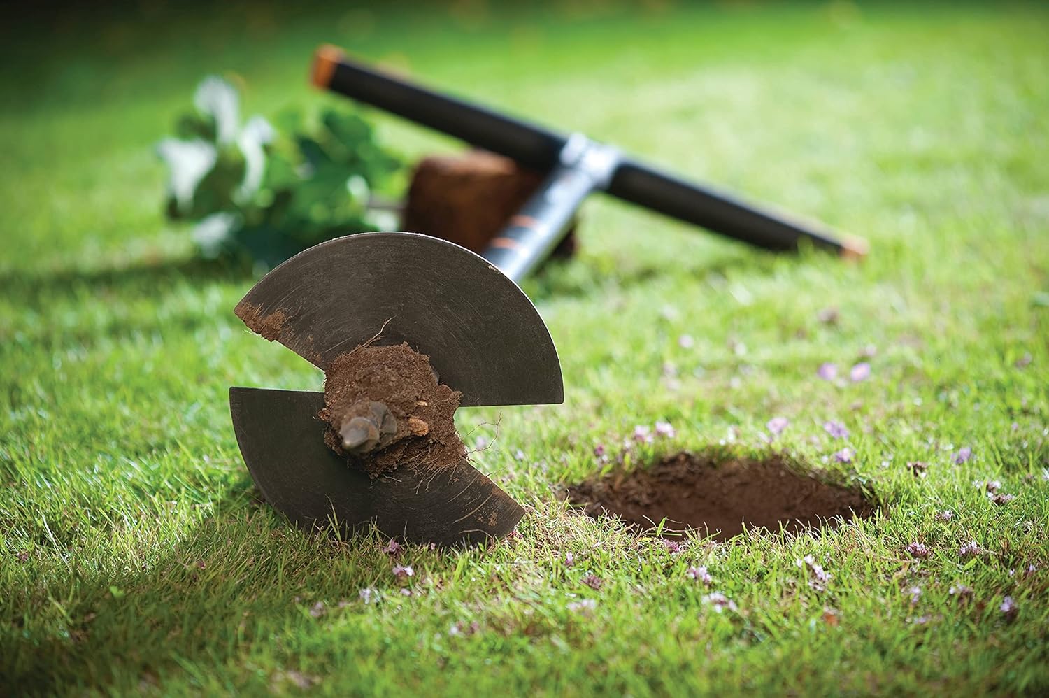 Trapano manuale per giardinaggio su prato verde, in primo piano una punta di trivella con terra, sullo sfondo manico nero e pianta. Utensile per la creazione di fori nel terreno, ideale per piantare bulbi e piante. Alta qualità e resistenza.