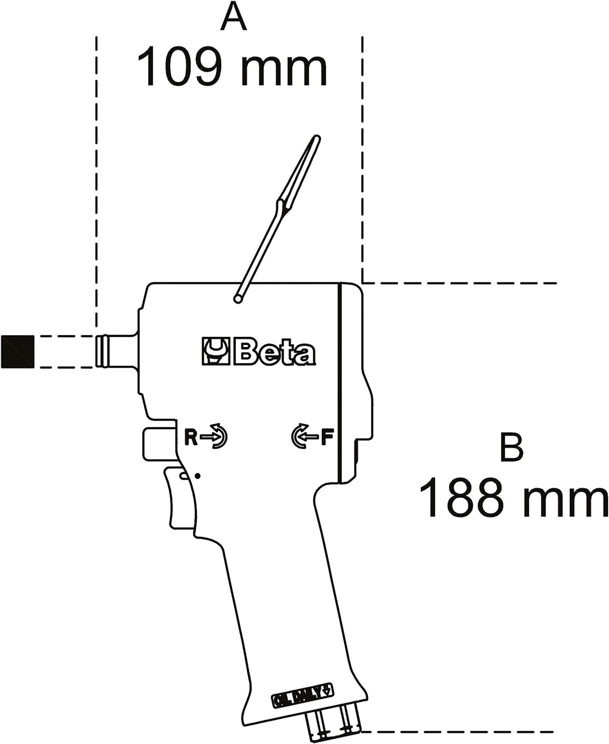 Illustrazione tecnica di una chiave a impulsi pneumatica Beta, con dimensioni indicate: 109 mm di larghezza (A) e 188 mm di altezza (B). Strumento professionale per avvitare e svitare, con regolazione avanti e indietro.