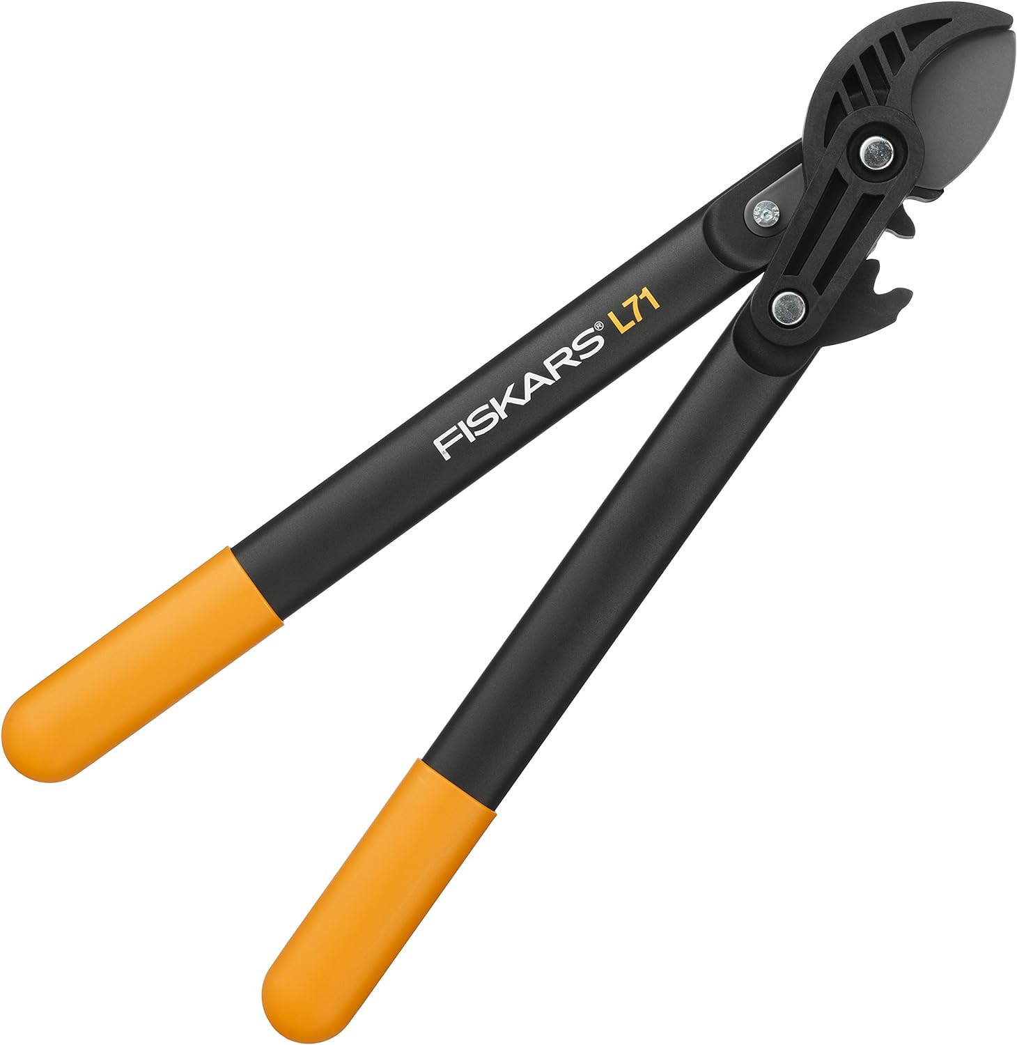 Forbice troncarami Fiskars L71 con manici ergonomici arancioni, lame in acciaio temprato, ideale per potatura di rami spessi e lavori di giardinaggio. Design robusto e resistente, facile da utilizzare.