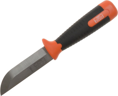 Coltello multiuso Bahco 2449 con lama in acciaio inossidabile e manico ergonomico in plastica arancione e nera. Ideale per lavori di giardinaggio, bricolage e outdoor. Strumento resistente e versatile per ogni esigenza.