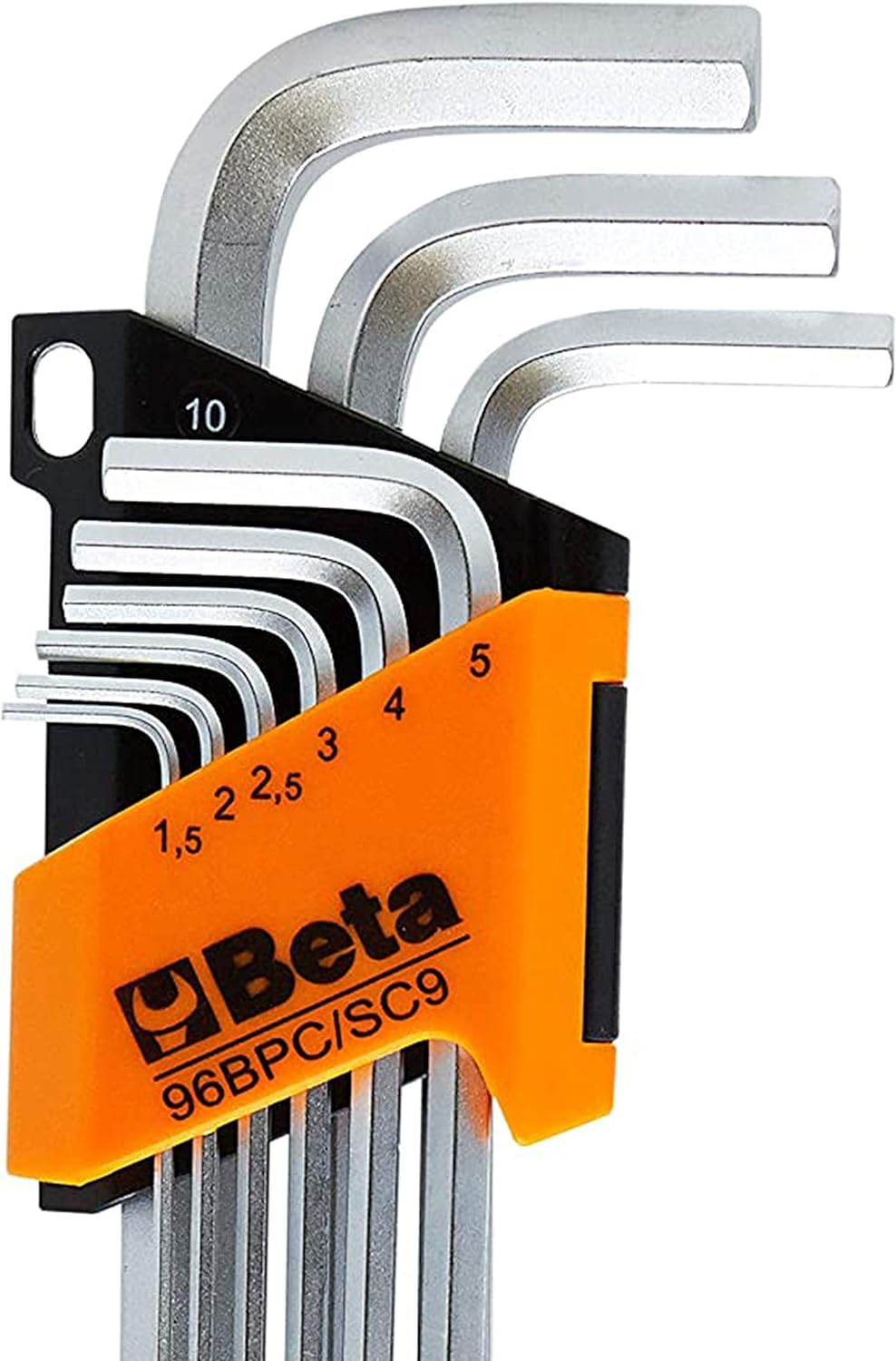 Set di chiavi a brugola Beta 96BPC/SC9, 9 pezzi, misure da 1,5 a 10 mm, in acciaio cromato, con supporto arancione. Strumento ideale per lavori di precisione e fai-da-te, resistente e durevole.