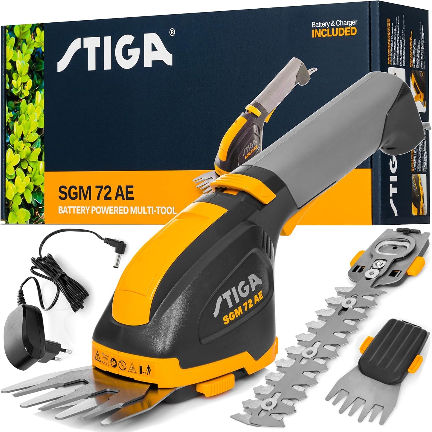 Stiga SGM 72 AE attrezzo multifunzione a batteria, incluso caricatore, ideale per taglio e rifilatura di siepi. Dotato di lame intercambiabili, design ergonomico e compatto. Perfetto per giardinaggio e manutenzione del verde.