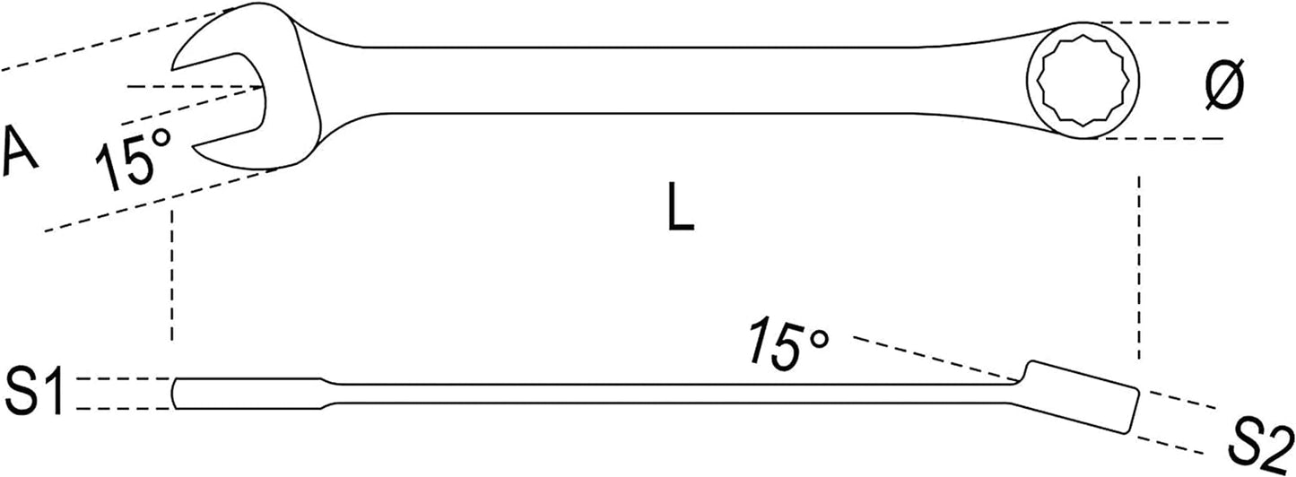 Disegno tecnico di una chiave combinata con estremità aperta e a stella, angoli di 15 gradi, dimensioni indicate con lettere: A, L, S1, S2 e Ø. Strumento utile per meccanica e fai-da-te.